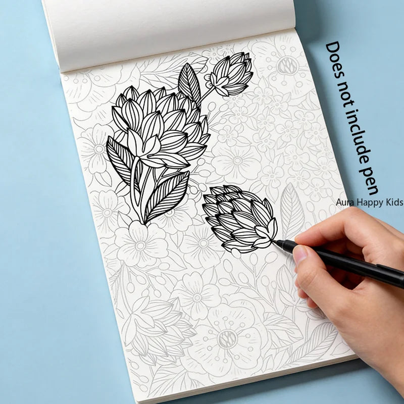 24 Page Adult Themed Coloring and Tracing Book, Featuring Symmetrical Flower Leaves, Mandalas, Space, Flowers, and Other Themes