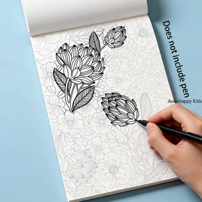 24 Page Adult Themed Coloring and Tracing Book, Featuring Symmetrical Flower Leaves, Mandalas, Space, Flowers, and Other Themes