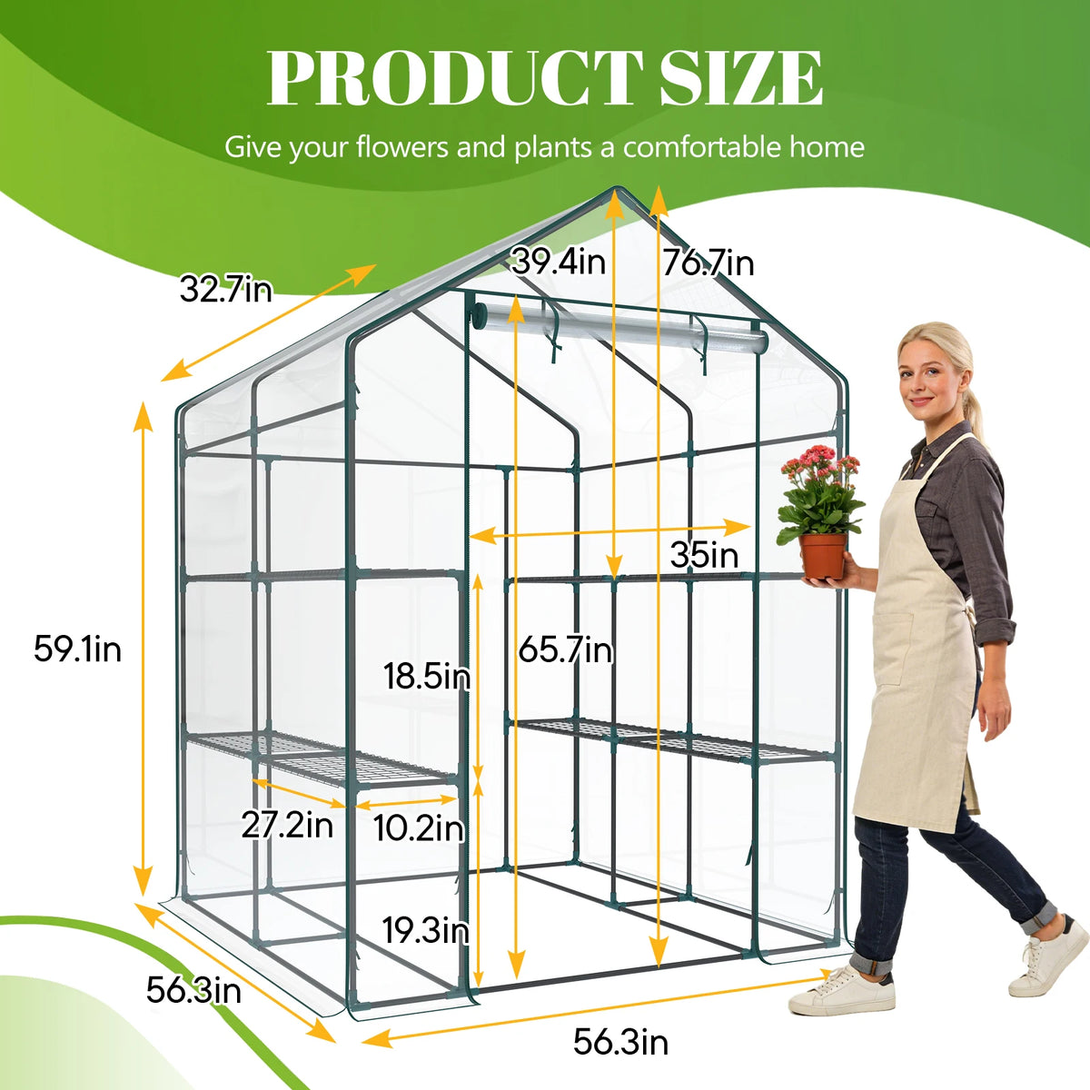 56-Inch Portable Walk-In Greenhouse with Shelf Transparent Multi-Tier Plant Growing Rack for Indoor and Outdoor Garden Patio
