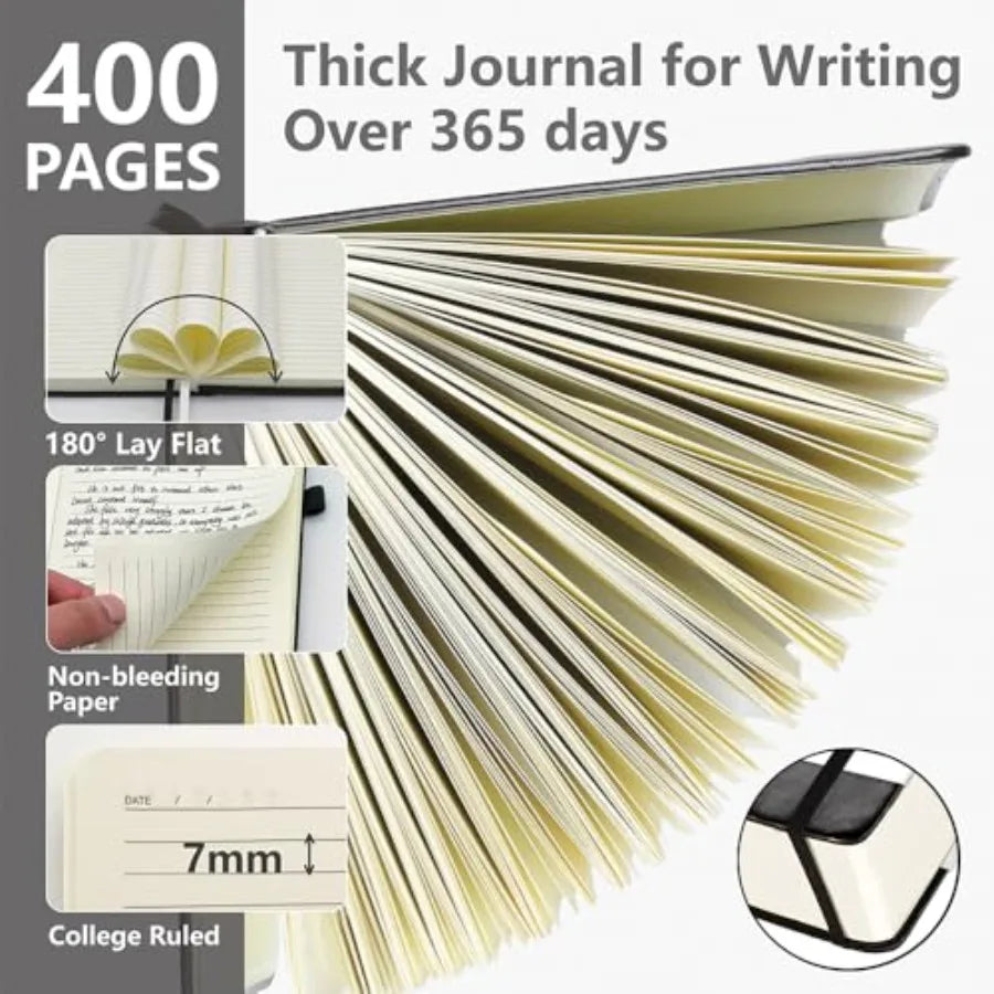Lined Journal Notebook, 400 Pages Thick for Writing, A5 Hardcover Leather with 100Gsm College Ruled Paper