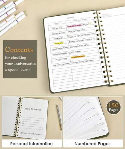 A5 Hardcover Spiral Journal Notebook, 150 Numbered Pages, 100 GSM College Ruled, Olive Green