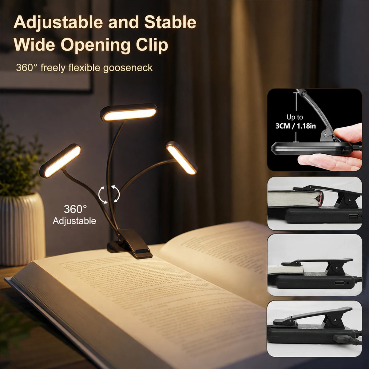2PCS LED USB Rechargeable Book Light 3 Color Modes Warm Cool White Daylight Portable Adjustable Flexible Gooseneck Sturdy Clip On Reading Lamp