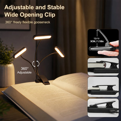 2PCS LED USB Rechargeable Book Light 3 Color Modes Warm Cool White Daylight Portable Adjustable Flexible Gooseneck Sturdy Clip On Reading Lamp
