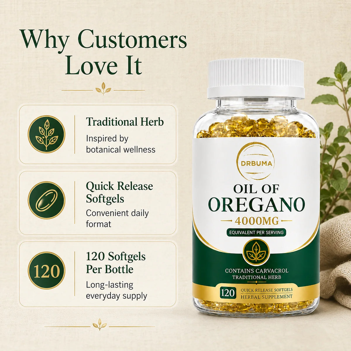 120-Count Oregano Oil Softgels, Herbal Botanical Dietary Supplement Capsules for Adults; Fast-Release Softgels, Easy to Swallow, Ideal for Daily Dietary Routine, Suitable for People Pursuing a Healthy Lifestyle