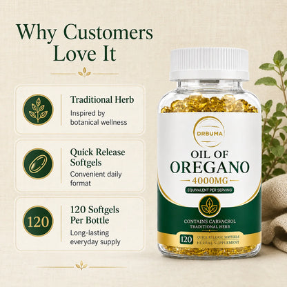 120-Count Oregano Oil Softgels, Herbal Botanical Dietary Supplement Capsules for Adults; Fast-Release Softgels, Easy to Swallow, Ideal for Daily Dietary Routine, Suitable for People Pursuing a Healthy Lifestyle