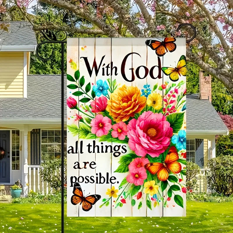 God Garden Flag, Suitable For Gardens, Lawns, Linen Imitation Wood-Patterned Flower, Home Decoration