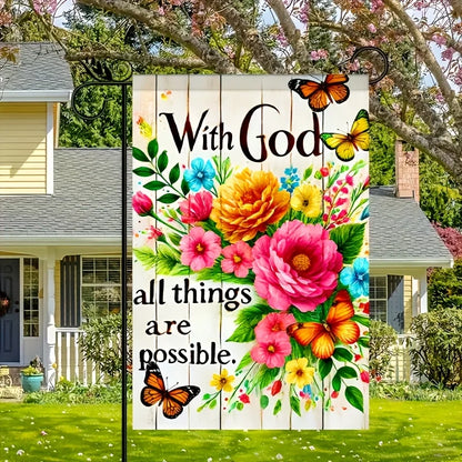 God Garden Flag, Suitable For Gardens, Lawns, Linen Imitation Wood-Patterned Flower, Home Decoration