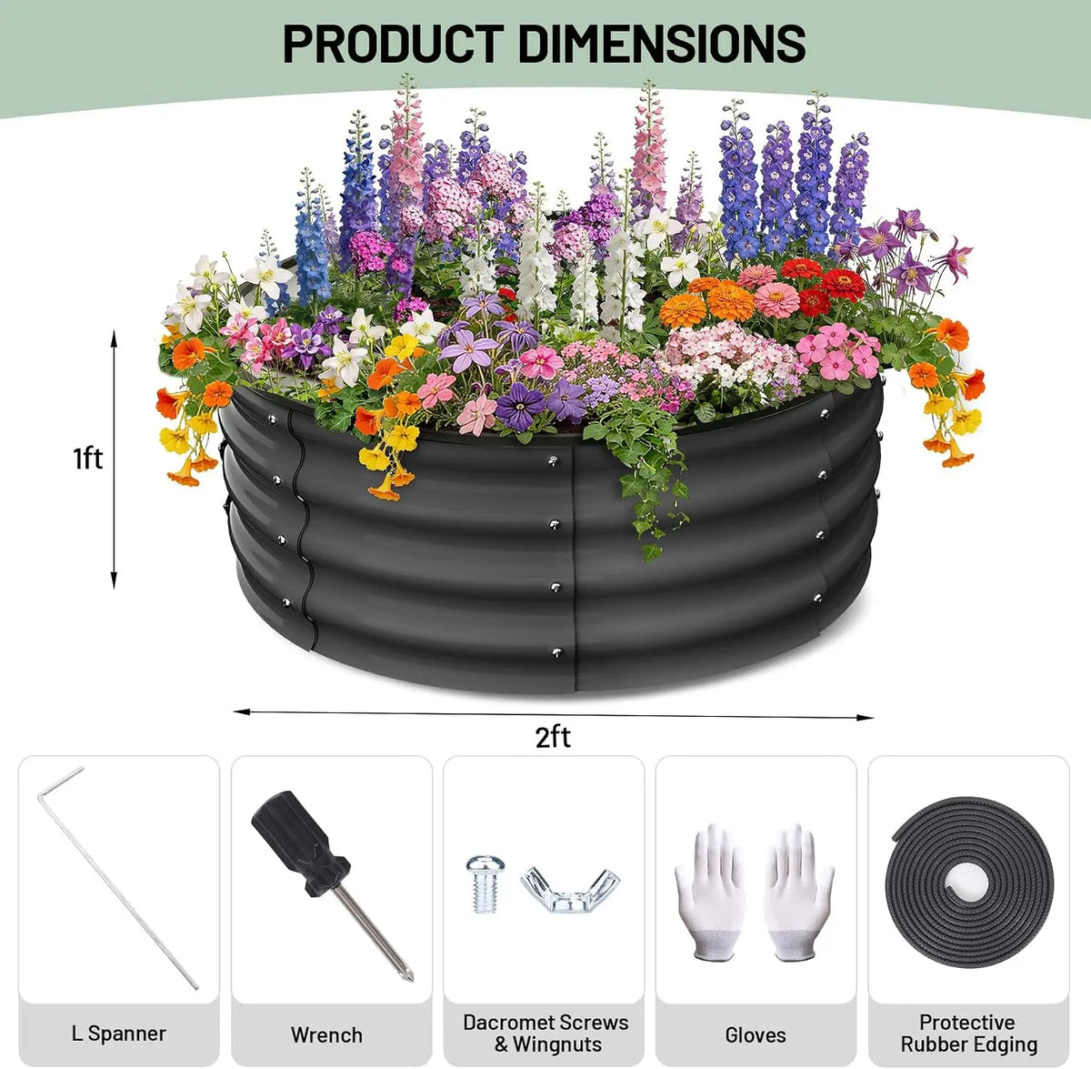 2Pcs, 2x2x1 FT Round Raised Garden Bed, Galvanized Garden Beds, Metal Planter with Gloves and Rubber Edge Trim, for Vegetables, Flowers and Herbs