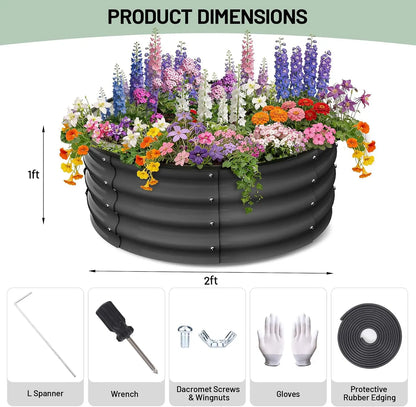 2Pcs, 2x2x1 FT Round Raised Garden Bed, Galvanized Garden Beds, Metal Planter with Gloves and Rubber Edge Trim, for Vegetables, Flowers and Herbs