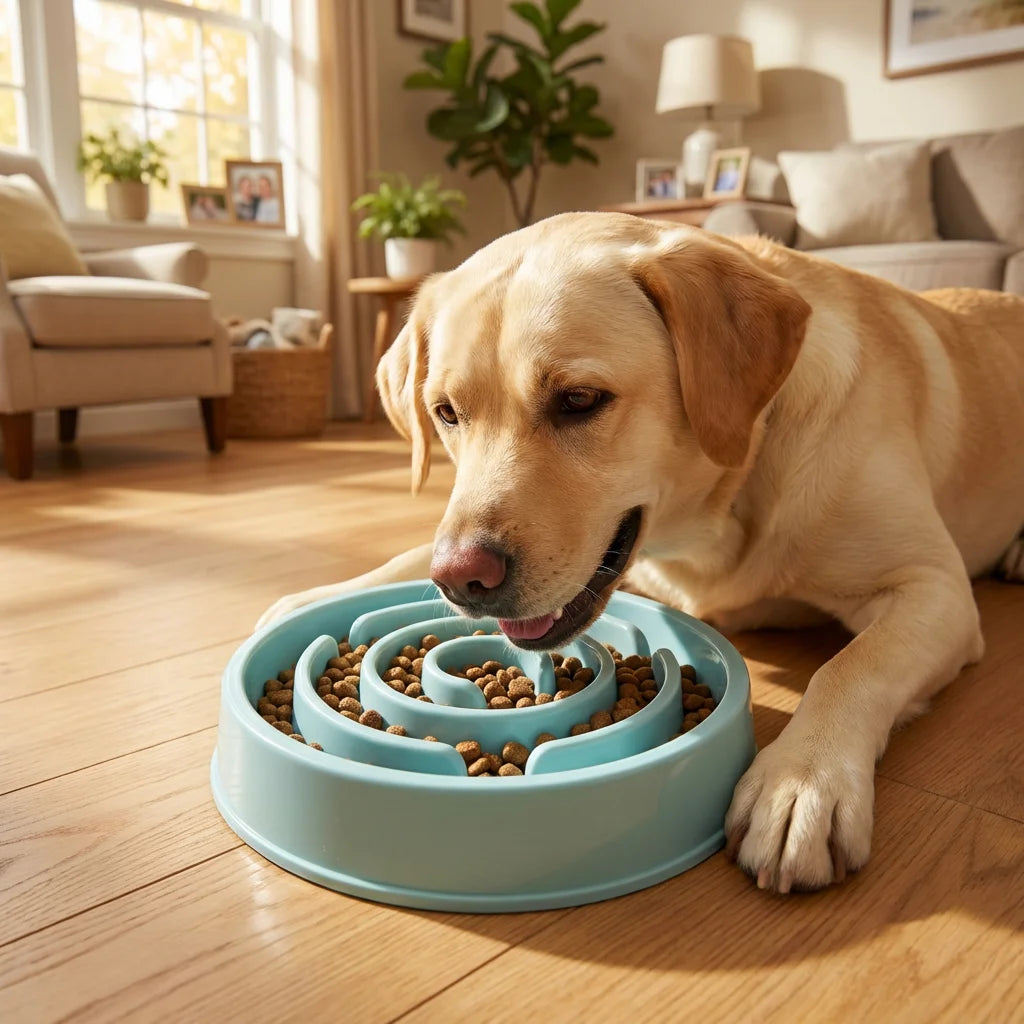 Slow Feeder Dog Bowl - Non-Slip Interactive Maze for Dogs & Cats, Prevents Bloat & Choking, Healthy Eating Design