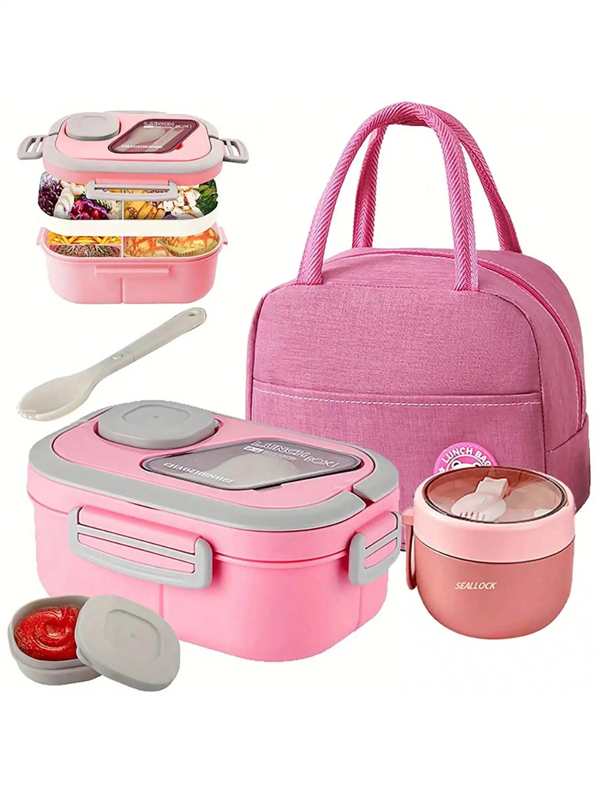 2-Layer Multi-Compartment Lunch Box Set: Lunch Box + Cup + Bag. Includes Cutlery And Sauce Container
