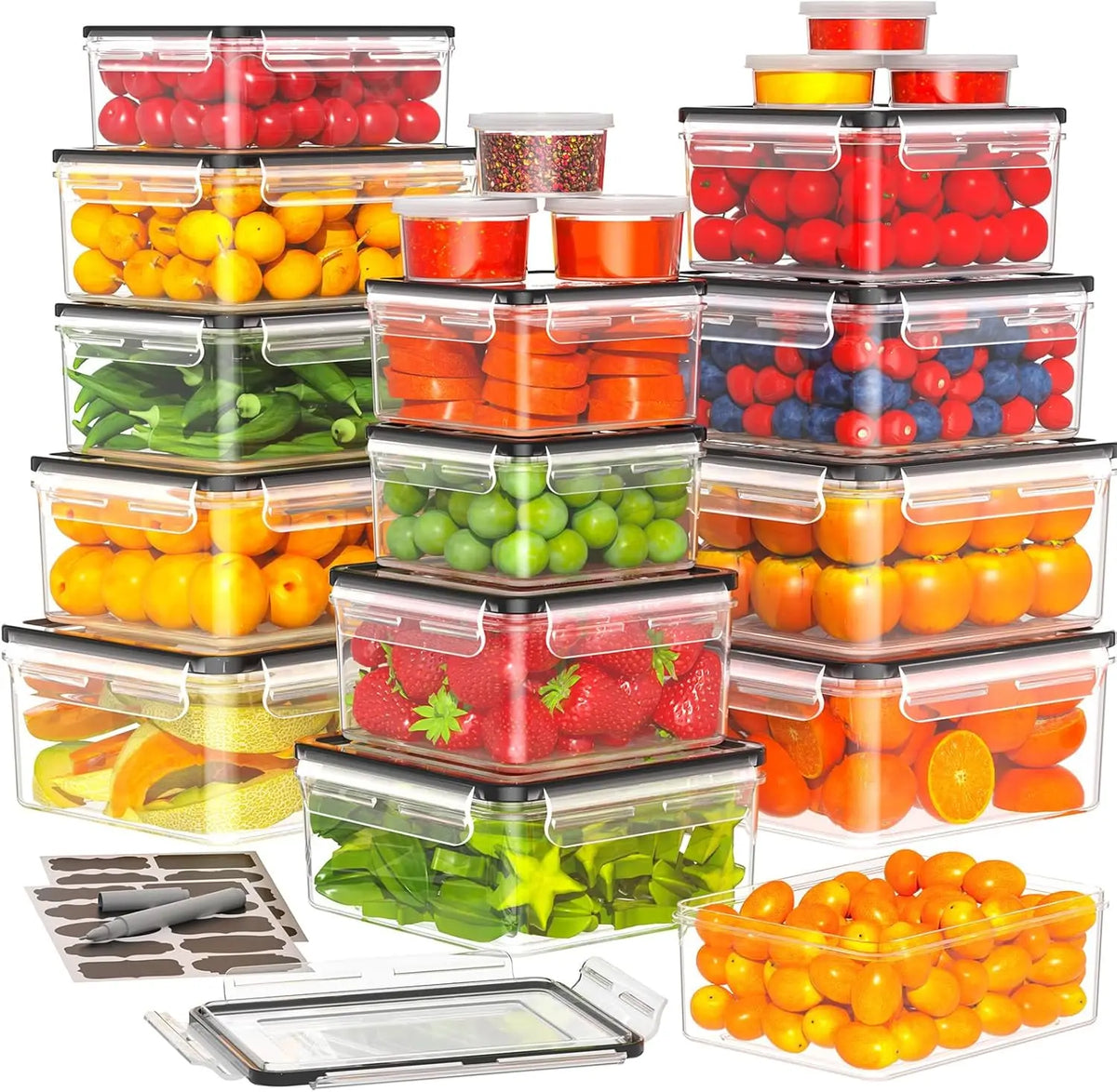 50 PCS Food Storage with Lids (25 Containers & 25 Lids) - Reusable Plastic for Kitchen Storage and Organization BPA-Free Leakproof with Labels & Pen
