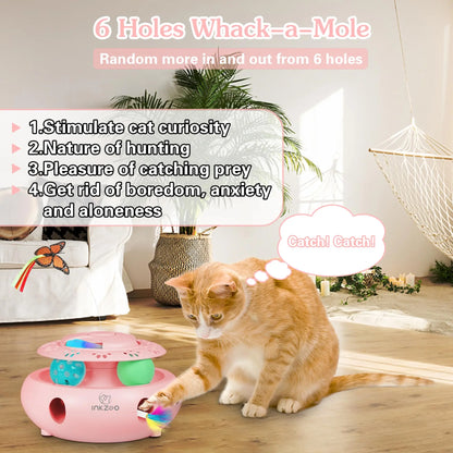4-in-1 Interactive Cat Toys for Indoor, Automatic 6 Holes Mice Whack-A-Mole, Fluttering Butterfly, Track Balls, USB