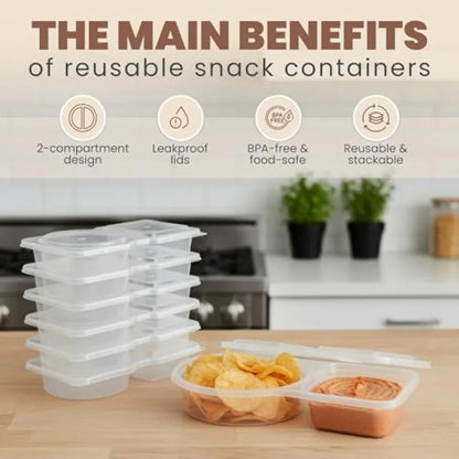Reusable Snack Containers with Lids Pack, 2 Compartment Leakproof Box Container, Portion Control