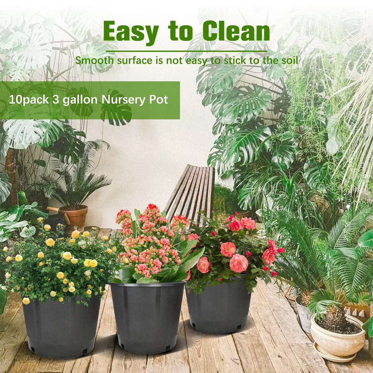 Short Garden Plastic Flower Pots, Seedling Pots, Planting Pots -10 3-Gallon Circular Black Flower Pots for Indoor/Outdoor Plants, W/ Drainage Holes
