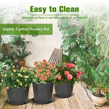 Short Garden Plastic Flower Pots, Seedling Pots, Planting Pots -10 3-Gallon Circular Black Flower Pots for Indoor/Outdoor Plants, W/ Drainage Holes