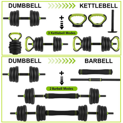 Adjustable Dumbbell Set 44 LBS PVC Coated, 4-in-1 Polygon Iron & Sand Filled Weights with Hollow Iron Rod 50cm & 8 Connectors, Convertible to Barbell Kettlebell, Home Gym Equipment