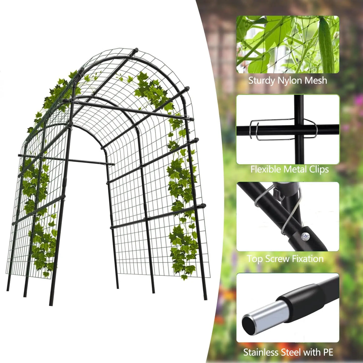 Metal Garden Arch Trellis, 7.6Ft Black for Raised Beds, Plant Support for Cucumbers & Climbing Vegetables with 7 Horizontal Pipe